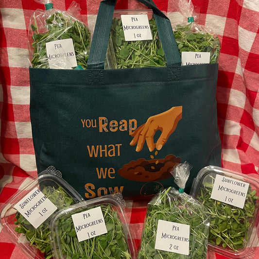 A Green reusable tote bag with the printed phrase 'YOU Reap WHAT we Sow' and a hand planting seeds, surrounded by several clear plastic bags and containers filled with green microgreens on a red-and-white checkered fabric backdrop.